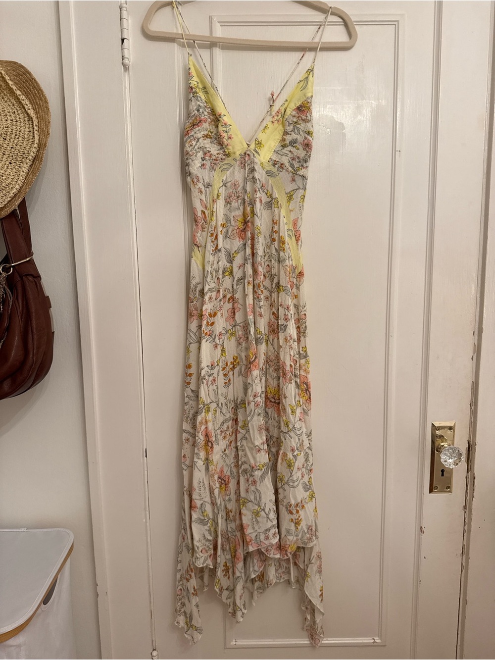 Free People Cream Floral V-Neck Maxi Dress with Yellow Accents